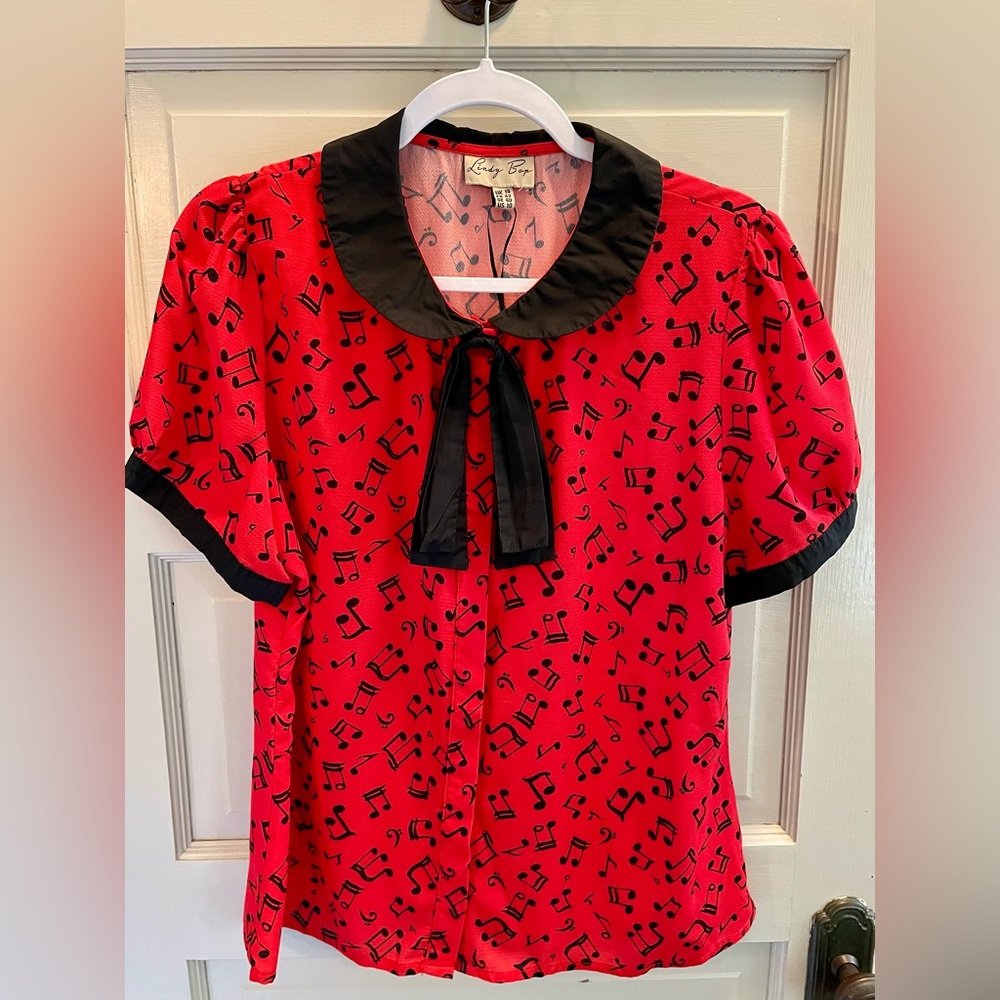 Lindy Bop Red and Black Music Note Blouse Size 10